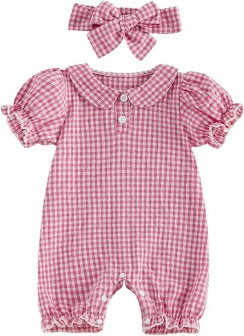 Infant Baby Girl Outfit Peter Pan Collar Short Sleeve Romper Jumpsuit Gingham Onesie Newborn Summer Clothes Headband in Kuwait