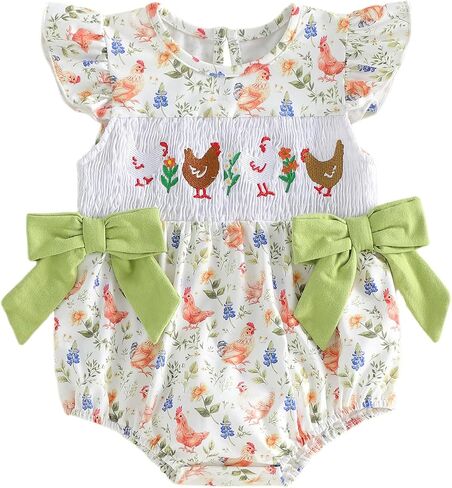 Baby Girl Farm Animal Outfit Chicken Print Flying Sleeve Smocked Ruffle Romper Infant Country Clothes in Kuwait