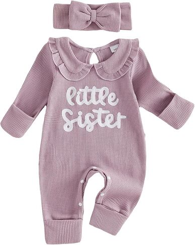 Newborn Baby Girl Fall Outfit Romper Jumpsuit Infant Waffle Clothes | Letter Embroidery Cute Long Sleeve Round Neck Bodysuit in Kuwait