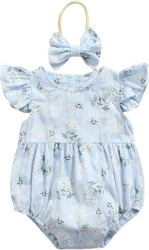 Newborn Baby Girls Summer Outfits Square Neck Ruffled Flying Sleeve Print Romper with Bow Headband 2 Pcs Set in Kuwait