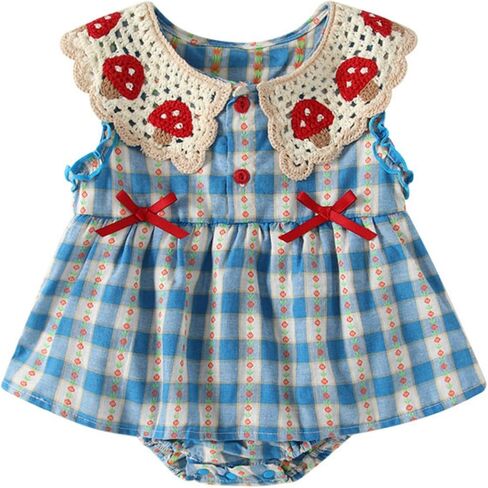 Matching Sister Outfit for Baby and Toddler Girls Summer Mushroom Lace Blue Gingham Romper/Dress in Kuwait