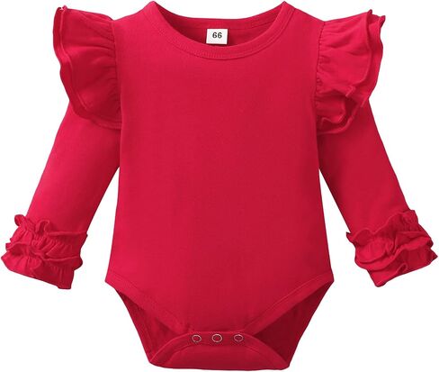 Baby Girls Ruffle Romper Infant Long Sleeve Bodysuit | Cotton blended, soft stretchy, Newborn preterm solid color one piece, Daily wear, Christmas, holiday gifts, 0-18 months in Kuwait
