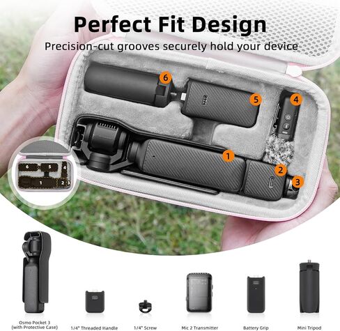 BRDRC Mini Tripod Pink Hard Storage Case for Pocket 3, Magnetic Desktop Stand Protective Carrying Bag with Wrist Strap Carabiner for DJI Osmo Pocket 3, Xtra Muse Accessories in Kuwait