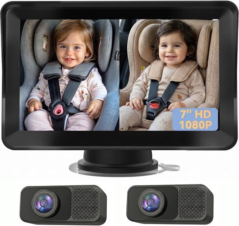 7" Baby Car Camera Dual Seat Cameras Baby Monitor for 2 Kids | 1080P Split Screen, Backseat Rear-Facing Mirror for Baby, Auto-Dimming Night Vision, 150° Wide-Angle, Anti-Glare Plug & Play in Kuwait