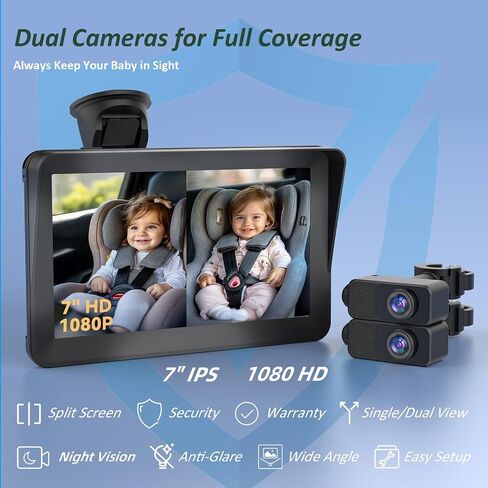 7" Baby Car Camera Dual Seat Cameras Baby Monitor for 2 Kids | 1080P Split Screen, Backseat Rear-Facing Mirror for Baby, Auto-Dimming Night Vision, 150° Wide-Angle, Anti-Glare Plug & Play in Kuwait