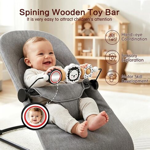 Baby Bouncer Toy Bar, Compatible with Baby Bjorn Bouncer, Wooden Baby Bouncer Toy Bar with Mirror, Child-Friendly Materials, Rotatable Baby Sensory Toy for Babies in Kuwait