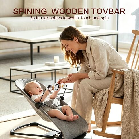 Baby Bouncer Toy Bar, Compatible with Baby Bjorn Bouncer, Wooden Baby Bouncer Toy Bar with Mirror, Child-Friendly Materials, Rotatable Baby Sensory Toy for Babies in Kuwait