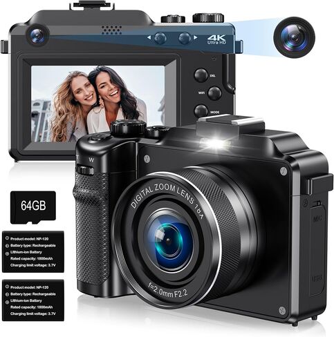 4K Digital Camera for Photography Autofocus, 48MP 18X Zoom 3" Screen, Black | Vlogging Camera for YouTube with 64G SD Card, 2 Batteries, Supports WiFi, Flash, 8 Filter Effects Anti-Shake Travel Camera in Kuwait