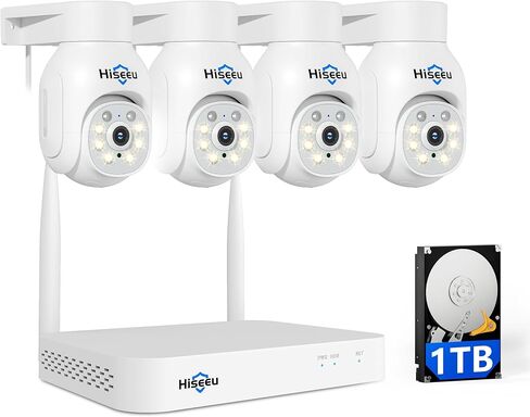 Hiseeu 5MP Wireless Security Camera System,4 Cam-Kit, 1T HDD | Indoor Outdoor, IP66 Waterproof, PTZ, 4K 10CH NVR, 2-Way Audio, Motion Detection Alarm, 24/7 Surveillance, Need Plug-in in Kuwait
