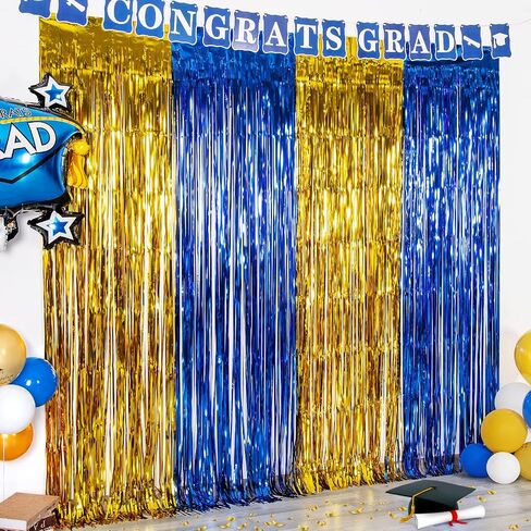 Graduation Party Decoration, 2 Pack Blue Gold Foil Fringe Curtains | 3.3 x 6.6 ft Tinsel Streamers Backdrop, Graduation Photo Booth Backdrop for Class of 2026, Prom and Grad Party Decor in Kuwait