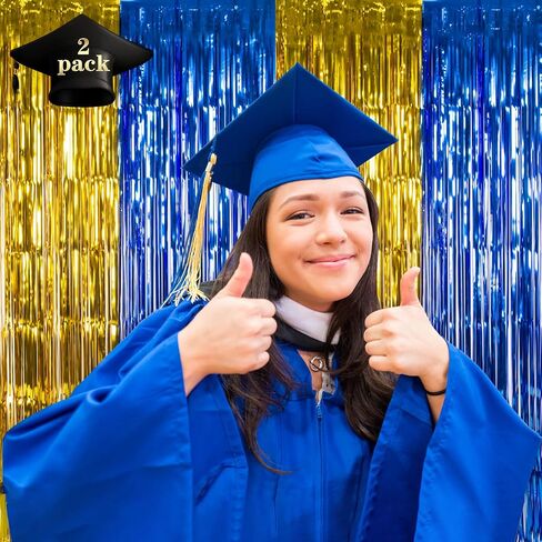 Graduation Party Decoration, 2 Pack Blue Gold Foil Fringe Curtains | 3.3 x 6.6 ft Tinsel Streamers Backdrop, Graduation Photo Booth Backdrop for Class of 2026, Prom and Grad Party Decor in Kuwait