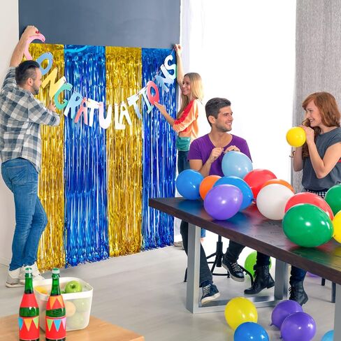 Graduation Party Decoration, 2 Pack Blue Gold Foil Fringe Curtains | 3.3 x 6.6 ft Tinsel Streamers Backdrop, Graduation Photo Booth Backdrop for Class of 2026, Prom and Grad Party Decor in Kuwait