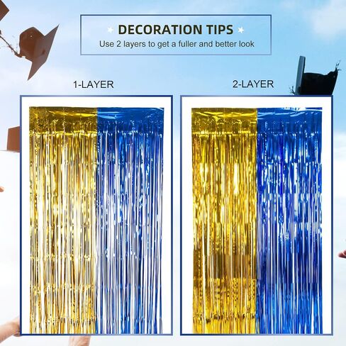 Graduation Party Decoration, 2 Pack Blue Gold Foil Fringe Curtains | 3.3 x 6.6 ft Tinsel Streamers Backdrop, Graduation Photo Booth Backdrop for Class of 2026, Prom and Grad Party Decor in Kuwait