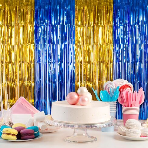 Graduation Party Decoration, 2 Pack Blue Gold Foil Fringe Curtains | 3.3 x 6.6 ft Tinsel Streamers Backdrop, Graduation Photo Booth Backdrop for Class of 2026, Prom and Grad Party Decor in Kuwait