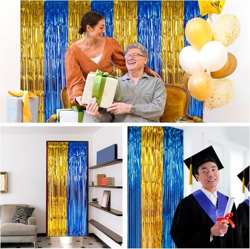 Graduation Party Decoration, 2 Pack Blue Gold Foil Fringe Curtains | 3.3 x 6.6 ft Tinsel Streamers Backdrop, Graduation Photo Booth Backdrop for Class of 2026, Prom and Grad Party Decor in Kuwait