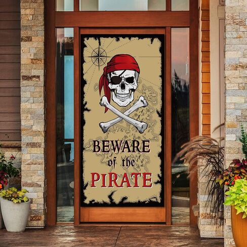 Beware of Pirates Door Banner 3.28 x 5.90 ft, Pirate Party Decoration Skull | Pirate Banner Skull, Backdrop Door Cover, for Cruise Nautical Themed Parties, Halloween Birthday Adventure Supplies in Kuwait