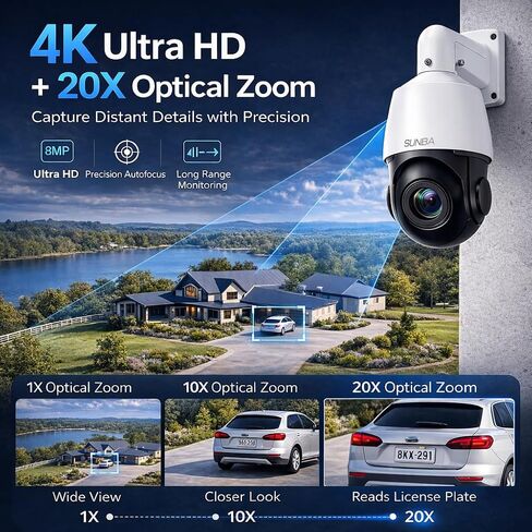 SUNBA 4K PTZ Security Camera Outdoor, 20X Optical Zoom PoE IP Camera with AI Human Tracking, Auto Tracking, Two-Way Audio, 360° Pan 90° Tilt, Dual Power PoE/DC, Smart Night Vision, ONVIF-Compatible in Kuwait