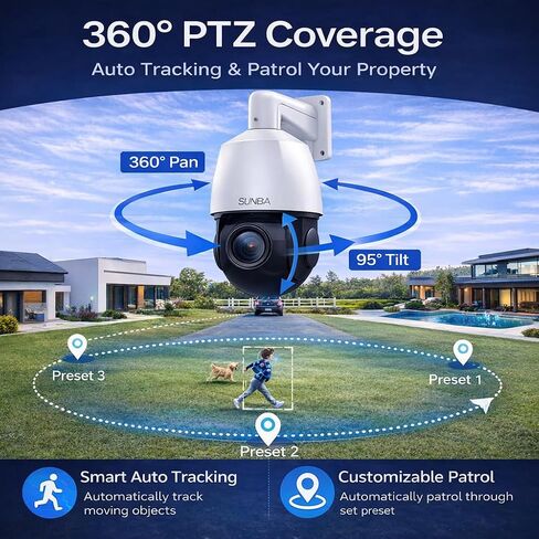 SUNBA 4K PTZ Security Camera Outdoor, 20X Optical Zoom PoE IP Camera with AI Human Tracking, Auto Tracking, Two-Way Audio, 360° Pan 90° Tilt, Dual Power PoE/DC, Smart Night Vision, ONVIF-Compatible in Kuwait