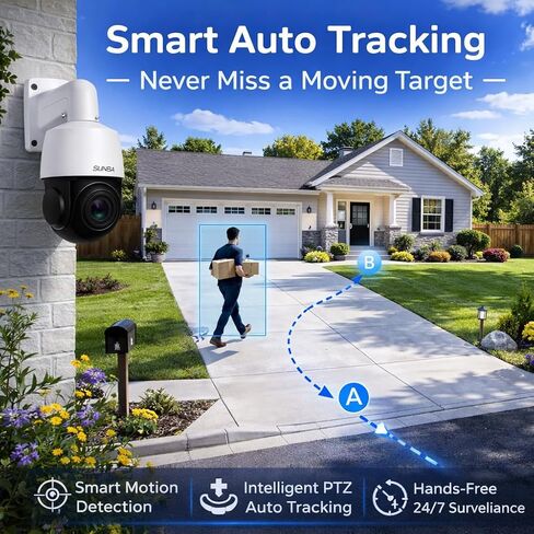 SUNBA 4K PTZ Security Camera Outdoor, 20X Optical Zoom PoE IP Camera with AI Human Tracking, Auto Tracking, Two-Way Audio, 360° Pan 90° Tilt, Dual Power PoE/DC, Smart Night Vision, ONVIF-Compatible in Kuwait