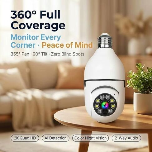 Hawkray 2PS 2K 3MP Light Bulb Security Camera Wireless Outdoor/Indoor - Dual Band 5G & 2.4GHz WiFi,355° Pan-Tilt,Motion Detection,Color Night Vision,Two-Way Audio,Alarm Notification,Easy Installation in Kuwait