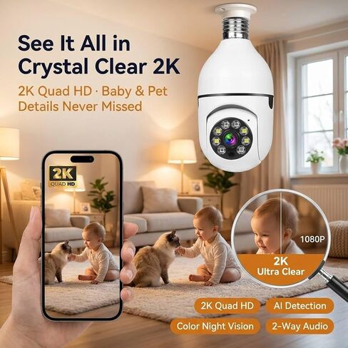 Hawkray 2PS 2K 3MP Light Bulb Security Camera Wireless Outdoor/Indoor - Dual Band 5G & 2.4GHz WiFi,355° Pan-Tilt,Motion Detection,Color Night Vision,Two-Way Audio,Alarm Notification,Easy Installation in Kuwait