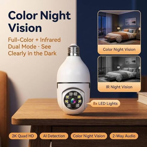 Hawkray 2PS 2K 3MP Light Bulb Security Camera Wireless Outdoor/Indoor - Dual Band 5G & 2.4GHz WiFi,355° Pan-Tilt,Motion Detection,Color Night Vision,Two-Way Audio,Alarm Notification,Easy Installation in Kuwait