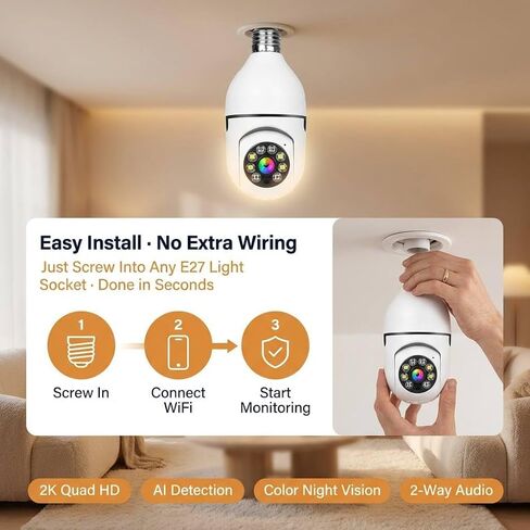 Hawkray 2PS 2K 3MP Light Bulb Security Camera Wireless Outdoor/Indoor - Dual Band 5G & 2.4GHz WiFi,355° Pan-Tilt,Motion Detection,Color Night Vision,Two-Way Audio,Alarm Notification,Easy Installation in Kuwait
