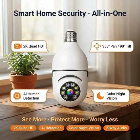 Hawkray 2PS 2K 3MP Light Bulb Security Camera Wireless Outdoor/Indoor - Dual Band 5G & 2.4GHz WiFi,355° Pan-Tilt,Motion Detection,Color Night Vision,Two-Way Audio,Alarm Notification,Easy Installation in Kuwait