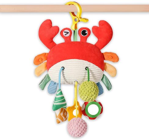 Crab Car Seat & Stroller Toy for Babies 0-12 Months | Sensory Hanging Toy with Mirror, Squeaker,Teether,Bell, BPA-Free Pull Strings, Fine Motor Skills for Newborn Infant Boy Girl in Kuwait
