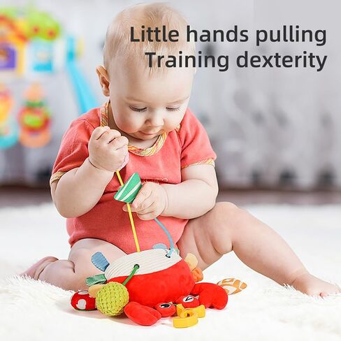 Crab Car Seat & Stroller Toy for Babies 0-12 Months | Sensory Hanging Toy with Mirror, Squeaker,Teether,Bell, BPA-Free Pull Strings, Fine Motor Skills for Newborn Infant Boy Girl in Kuwait