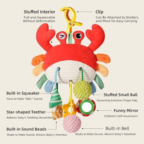 Crab Car Seat & Stroller Toy for Babies 0-12 Months | Sensory Hanging Toy with Mirror, Squeaker,Teether,Bell, BPA-Free Pull Strings, Fine Motor Skills for Newborn Infant Boy Girl in Kuwait