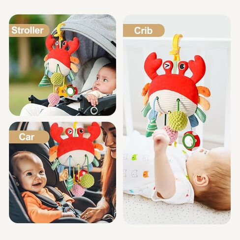Crab Car Seat & Stroller Toy for Babies 0-12 Months | Sensory Hanging Toy with Mirror, Squeaker,Teether,Bell, BPA-Free Pull Strings, Fine Motor Skills for Newborn Infant Boy Girl in Kuwait