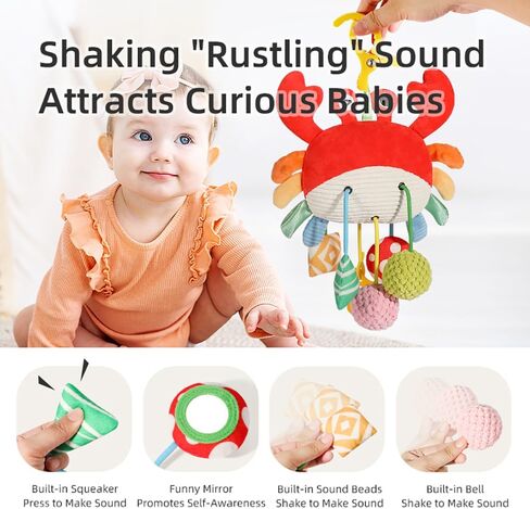 Crab Car Seat & Stroller Toy for Babies 0-12 Months | Sensory Hanging Toy with Mirror, Squeaker,Teether,Bell, BPA-Free Pull Strings, Fine Motor Skills for Newborn Infant Boy Girl in Kuwait