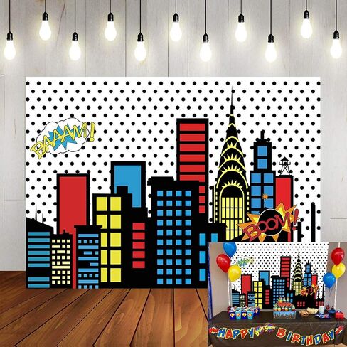 Art Studio 7x5ft Superhero Super City Photography Backdrops Skyline Buildings City Boom Photo Background Children Birthday Party Banner Photo Studio Booth Cake Table Decor Vinyl in Kuwait