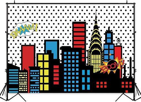 Art Studio 7x5ft Superhero Super City Photography Backdrops Skyline Buildings City Boom Photo Background Children Birthday Party Banner Photo Studio Booth Cake Table Decor Vinyl in Kuwait
