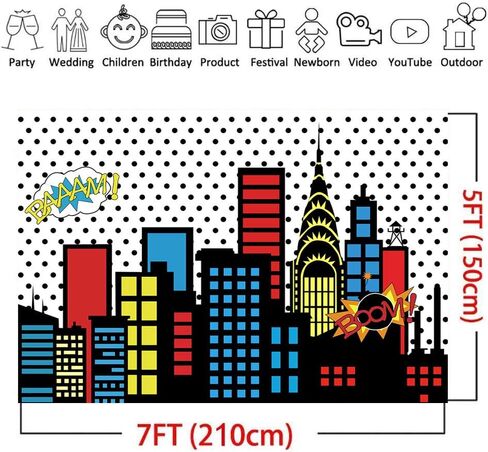 Art Studio 7x5ft Superhero Super City Photography Backdrops Skyline Buildings City Boom Photo Background Children Birthday Party Banner Photo Studio Booth Cake Table Decor Vinyl in Kuwait