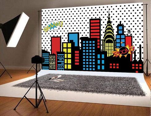 Art Studio 7x5ft Superhero Super City Photography Backdrops Skyline Buildings City Boom Photo Background Children Birthday Party Banner Photo Studio Booth Cake Table Decor Vinyl in Kuwait