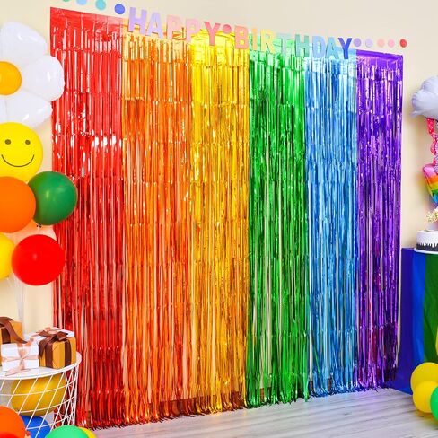 Rainbow Party Decorations, 4Pack Rainbow Bday Foil Fringe Streamers | 13.2x6.6ft Rainbow Foil Fringe Curtains Birthday Tinsel Metallic Streamers Backdrop for Easter, St. Patrick's, Pride Decor in Kuwait
