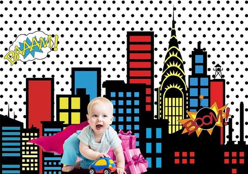Art Studio 7x5ft Superhero Super City Photography Backdrops Skyline Buildings City Boom Photo Background Children Birthday Party Banner Photo Studio Booth Cake Table Decor Vinyl in Kuwait