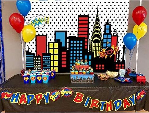 Art Studio 7x5ft Superhero Super City Photography Backdrops Skyline Buildings City Boom Photo Background Children Birthday Party Banner Photo Studio Booth Cake Table Decor Vinyl in Kuwait