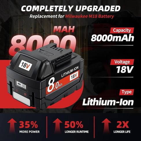 2 حزمة 8.0 أمبير 18 فولت بديلة لشاشة LCD لبطارية ميلووكي M18 وشحن USB ثنائي الاتجاه ومصباح يدوي LED متوافق مع بطارية ميلووكي 18 فولت 48-11-1810 48-11-1820 48-11-1840 48-11-1850 in Kuwait