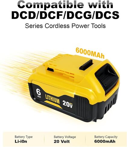 20V 6.0Ah Replacement Battery and Charger Kit for Dewalt DCB200 DCB204 DCB206, Compatible with Dewalt 20V MAX Battery Tools in Kuwait