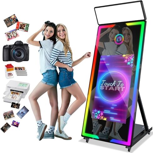 Mirror Photo Booth with Camera and Printer,65-32in Mirror Photo Booth with Touch Screen Built-in Mini PC,RBG Light,Instant Print and Sharing for Party(White) in Saudi Arabia