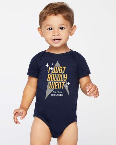 Gina Lou Printed - Boldly Went - Navy Color Rompers for Unisex Baby - Crewneck, Short Sleeve Bodysuits in Kuwait