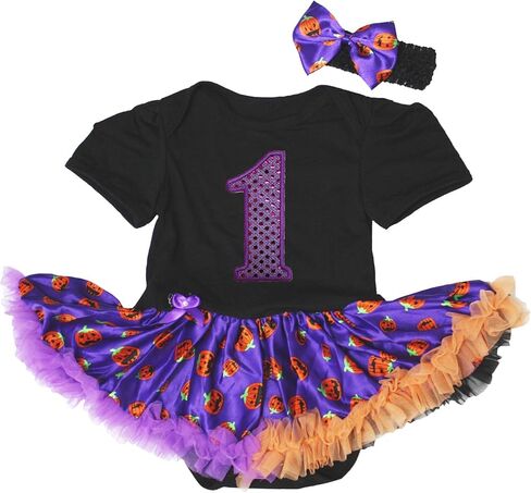 Petitebella Sequins 1st Black Bodysuit Purple Pumpkin Tutu Baby Dress Nb-18m in Kuwait