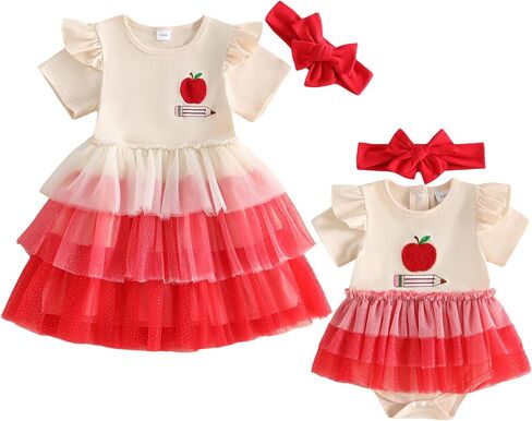 Kid Toddler Girl Back to School Clothes Apple Pen Preschool Romper Dress/Tutu Dresses Lace Sister Matching Outfit in Kuwait