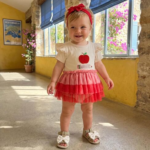 Kid Toddler Girl Back to School Clothes Apple Pen Preschool Romper Dress/Tutu Dresses Lace Sister Matching Outfit in Kuwait