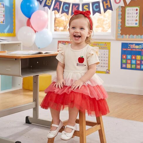 Kid Toddler Girl Back to School Clothes Apple Pen Preschool Romper Dress/Tutu Dresses Lace Sister Matching Outfit in Kuwait