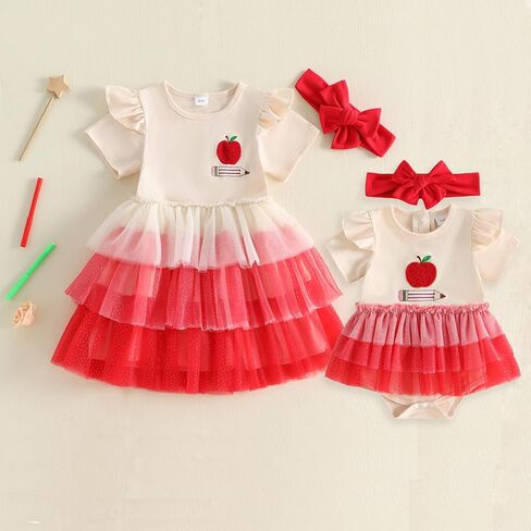 Kid Toddler Girl Back to School Clothes Apple Pen Preschool Romper Dress/Tutu Dresses Lace Sister Matching Outfit in Kuwait