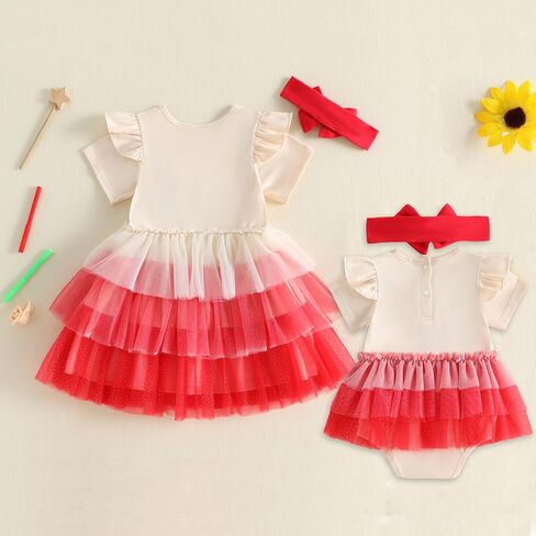 Kid Toddler Girl Back to School Clothes Apple Pen Preschool Romper Dress/Tutu Dresses Lace Sister Matching Outfit in Kuwait